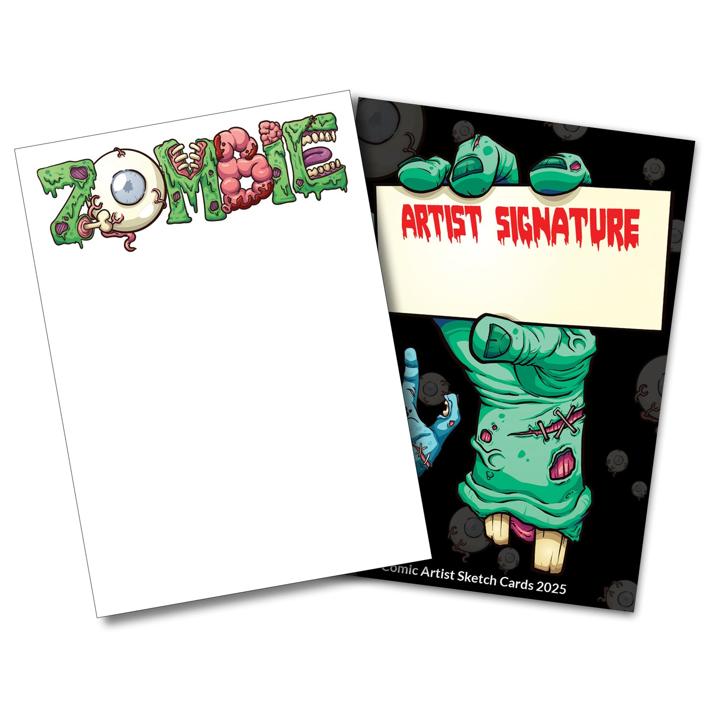 Comic artist sketch cards with zombie design and 'Artist Signature' text