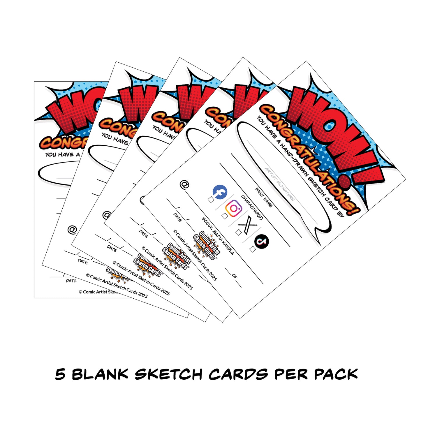 Comic Artist Sketch Cards with Social Media Fields - Blank Art Trading Cards - 2.5"x 3.5" - 32pt - 1 Pack - 5 Cards