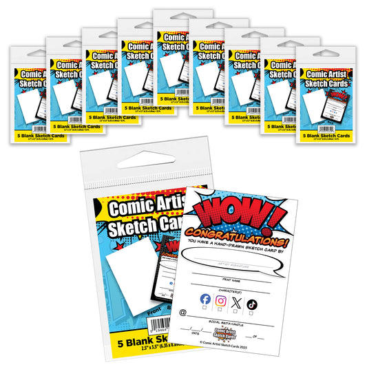 Comic Artist Sketch Cards with Social Media Fields - Blank Art Trading Cards - 2.5"x 3.5" - 32pt - 10 Packs - 50 Sketch Cards