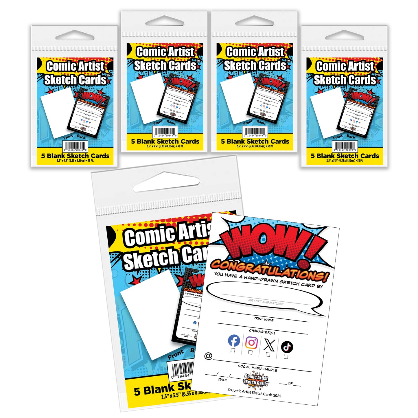Comic Artist Sketch Cards with Social Media Fields - Blank Art Trading Cards - 2.5"x 3.5" - 32pt - 5 Packs - 25 Sketch Cards
