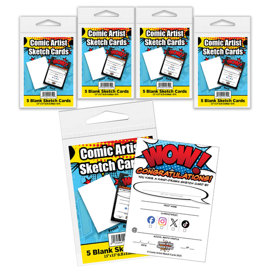 Comic Artist Sketch Cards with Social Media Fields - Blank Art Trading Cards - 2.5"x 3.5" - 32pt - 5 Packs - 25 Sketch Cards