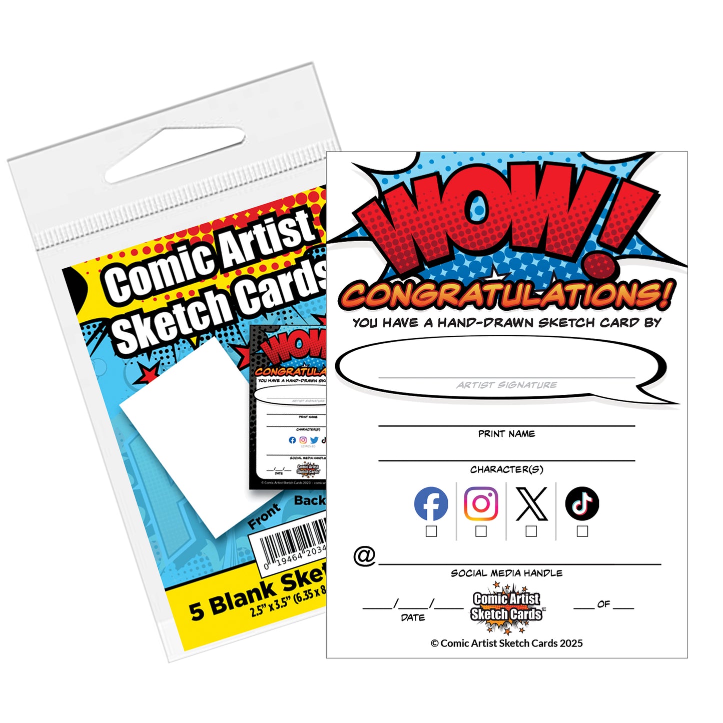Comic Artist Sketch Cards with Social Media Fields - Blank Art Trading Cards - 2.5"x 3.5" - 32pt - 1 Pack - 5 Cards