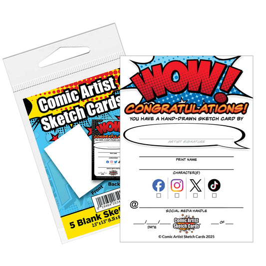 Comic Artist Sketch Cards with Social Media Fields - Blank Art Trading Cards - 2.5"x 3.5" - 32pt - 1 Pack - 5 Cards